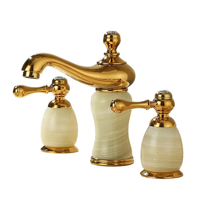 DecorBites™ Gold Brass Jade 3 Hole Widespread Basin Faucet with Double Handle