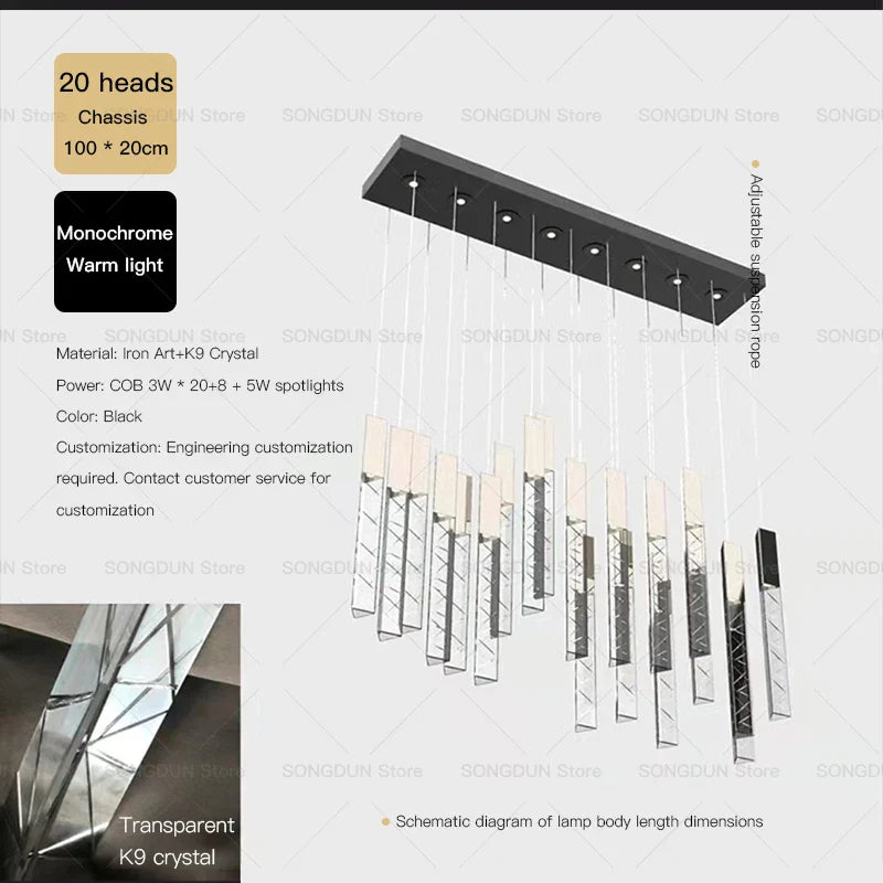 DecorBites™ Crystal Loft Chandelier for Duplex Living Room & Stairwell, Long Hanging Lighting