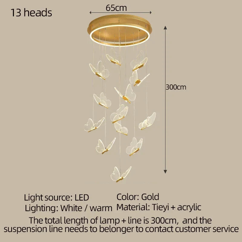 Acrylic Butterfly LED Chandelier 9-Head Staircase