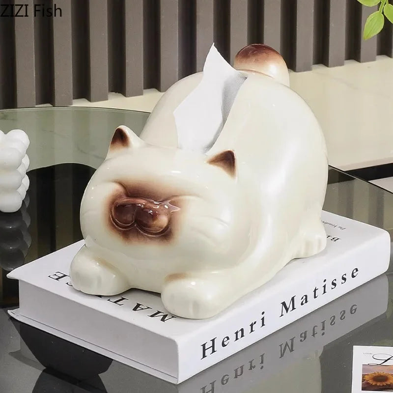 DecorBites™ Cartoon Siamese Kitten Ceramic Tissue Box for Coffee Table and Desk