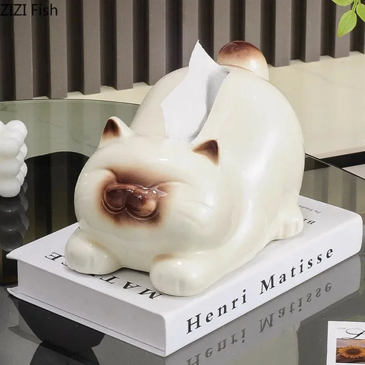 DecorBites™ Cartoon Siamese Kitten Ceramic Tissue Box for Coffee Table and Desk