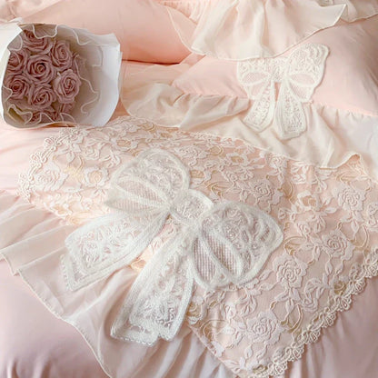 Decobites Romantic Lace Ruffles Bedding Set with Bow Decoration - Pink Girls Duvet Cover Set