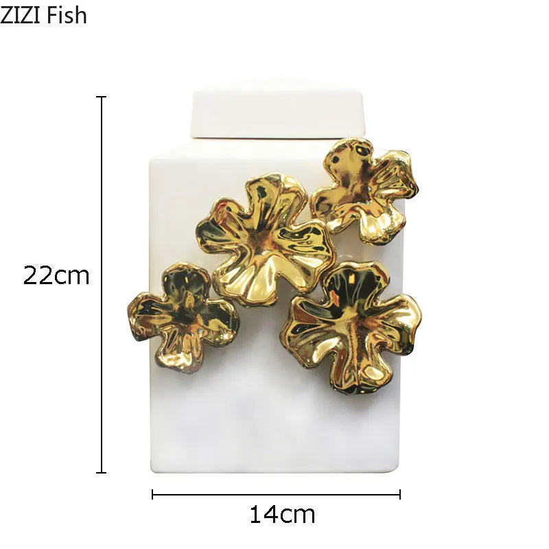 DecorBites™ Golden Flower Relief Ceramic Storage Jar for Desk Decoration and Jewelry Box