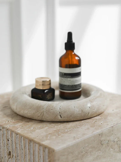 DecorBites™ Beige Travertine Serving Tray: Vintage Home Decor Round Vanity & Jewelry Plate