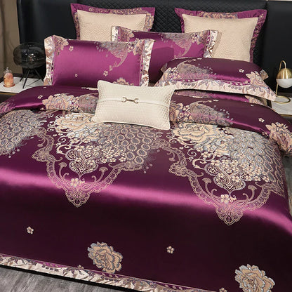 Decobites Luxe Purple European Jacquard Cotton Bedding Set: Duvet Cover, Sheet, Pillowcase