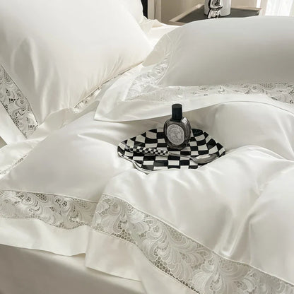 Decobites Lace Embroidery 1200TC Egyptian Cotton 4Pcs Bedding Set with Wide Hollow Design