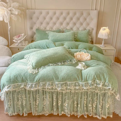 DecorBites™ Lace Princess Bedding Set with Velvet Bed Skirt & Quilt Cover