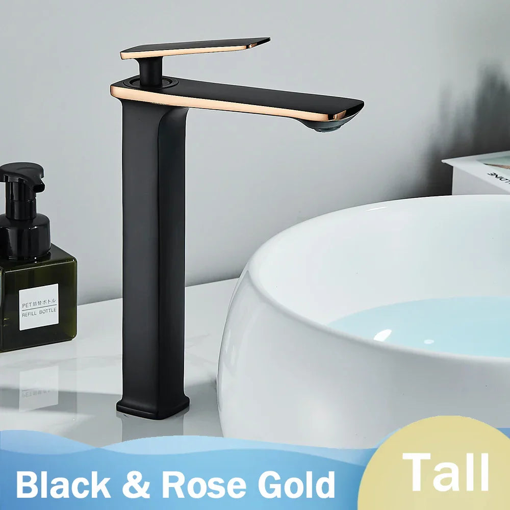 DecorBites™ Black Rose Gold Basin Faucet: Modern Deck Mounted Sink Mixer Tap for Luxury Bathrooms