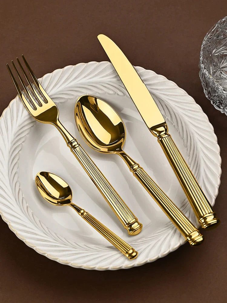 DecorBites™ Golden Stainless Steel Flatware Set, 4Pcs Fork Knife Spoon Cutlery Kit.