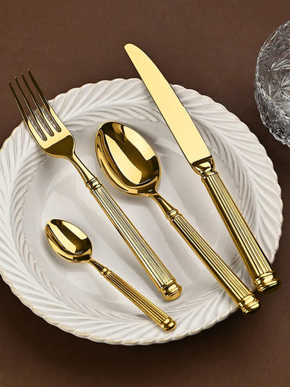 DecorBites™ Golden Stainless Steel Flatware Set, 4Pcs Fork Knife Spoon Cutlery Kit.