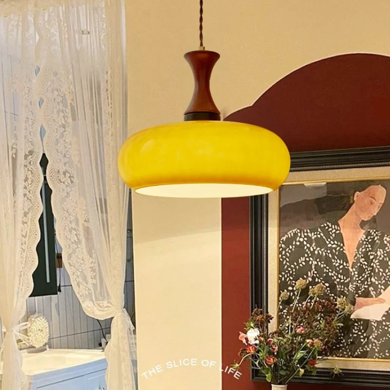 DecorBites™ Amber LED Pendant Light Fixture Wood Glass Loft Adjustable Hang Lamp