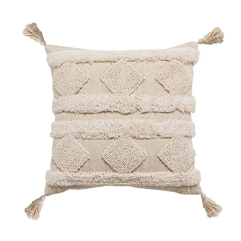 DecorBites™ Boho Beige White Tufted Tassel Pillow Cover Set