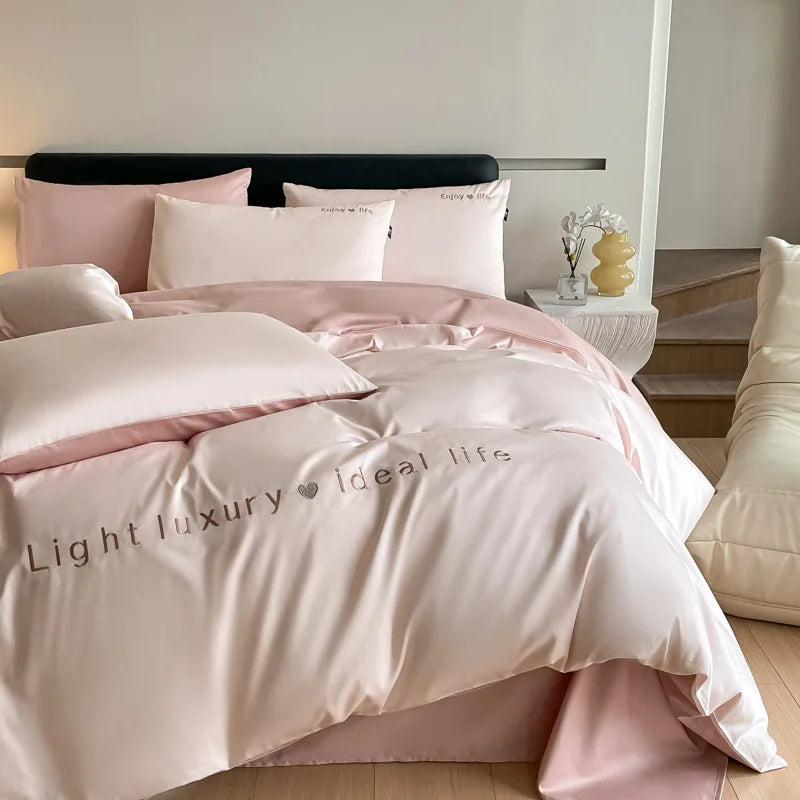 DecorBites™ 120S Long Staple Cotton Satin Embroidery Bedding Set - Solid Color Twin Full Double Comforter