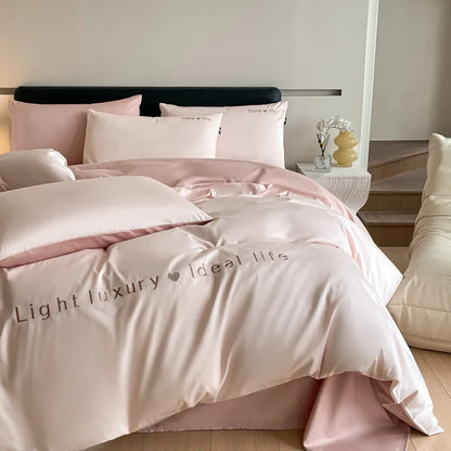 DecorBites™ 120S Long Staple Cotton Satin Embroidery Bedding Set - Solid Color Twin Full Double Comforter