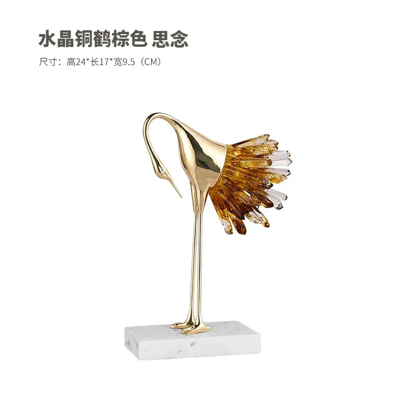 Estatua de artesanía para decoración del hogar DecorBites™ Grulla, pájaro dorado, ágata, mármol y cristal