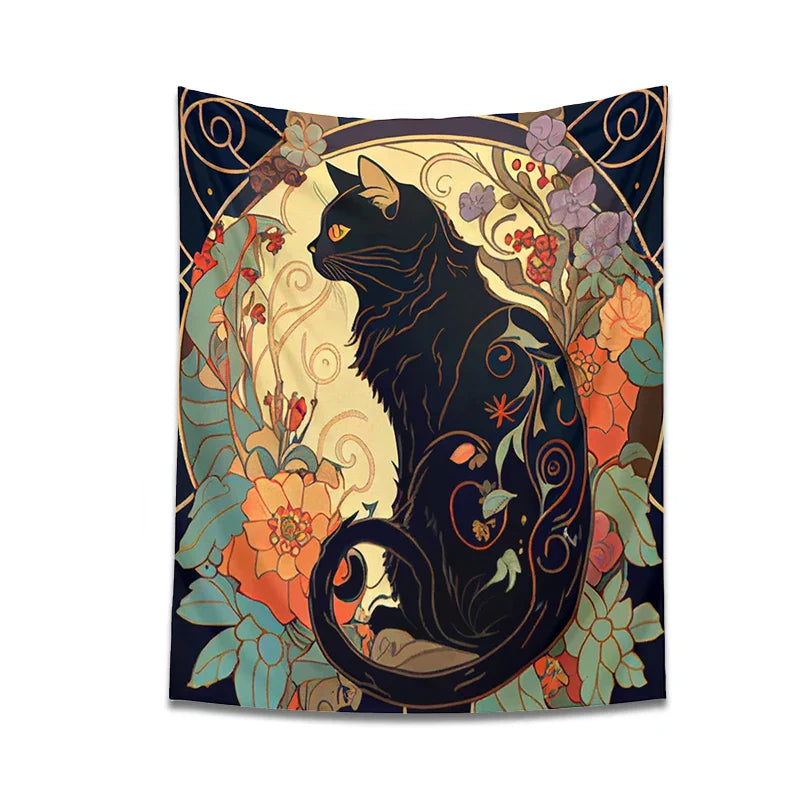 Decobites Black Cat Tapestry Wall Hanging - Psychedelic Floral Art for Cat Lovers