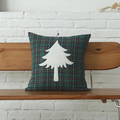 DecorBites™ Christmas Plaid Cotton Cushion Cover with Letter Snowflake Embroidery