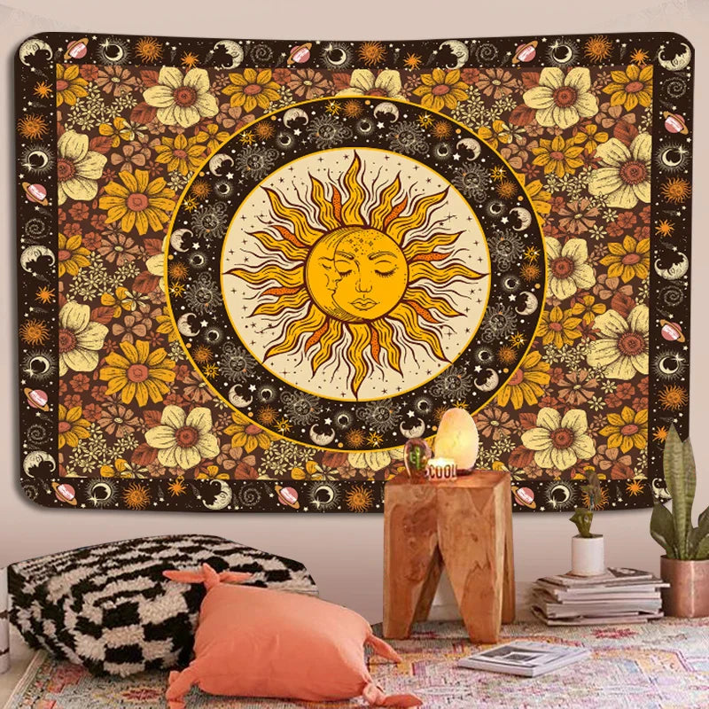 Sun Moon Tapestry Vintage Boho Wall Hanging by Decobites with Sunflowers Moth Constellation Aesthetic