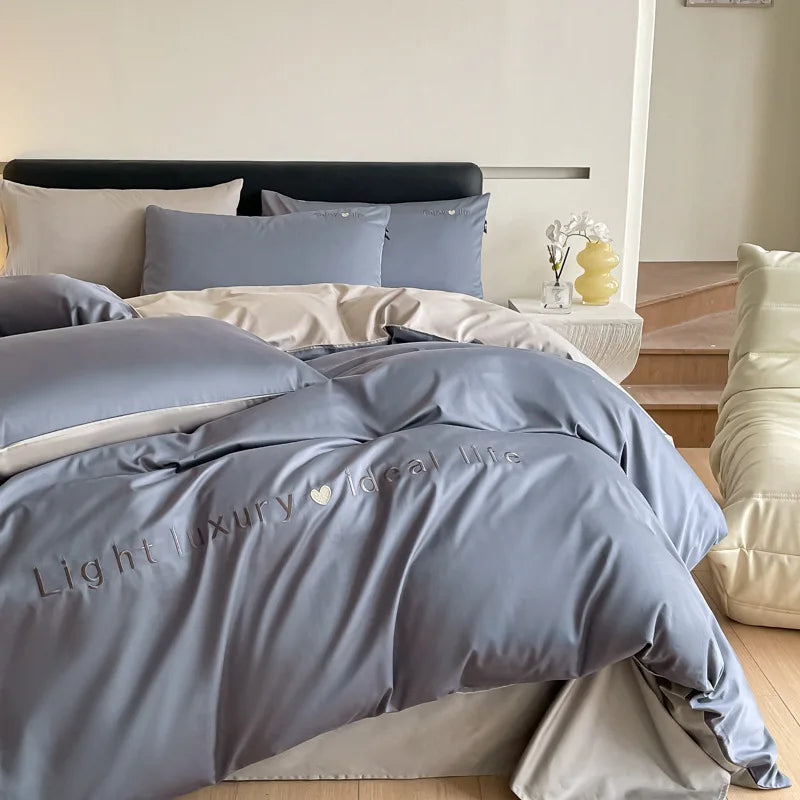 DecorBites™ 120S Long Staple Cotton Satin Embroidery Bedding Set - Solid Color Twin Full Double Comforter