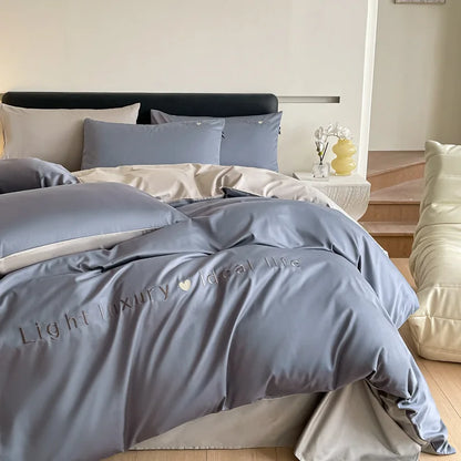 DecorBites™ 120S Long Staple Cotton Satin Embroidery Bedding Set - Solid Color Twin Full Double Comforter