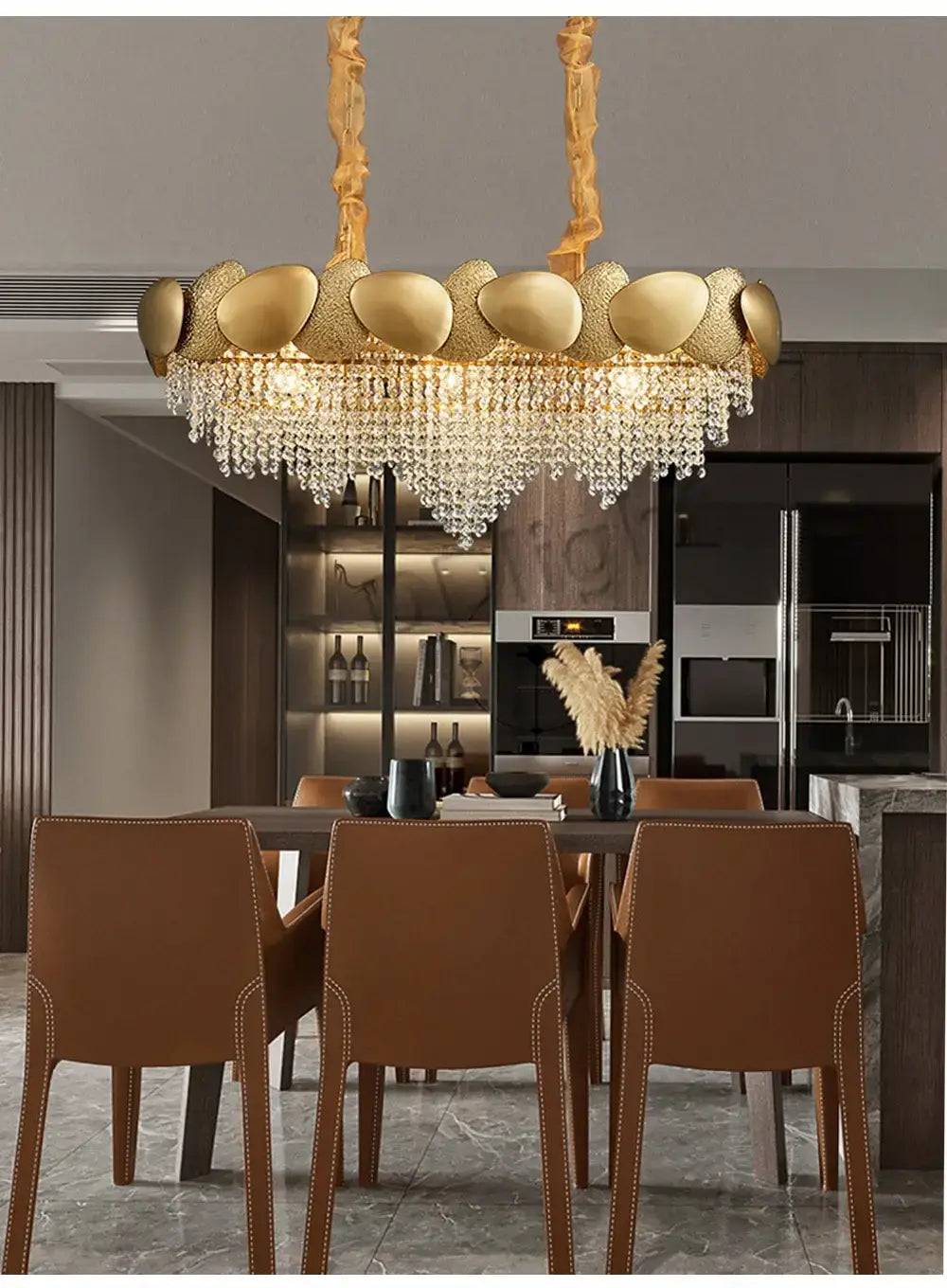 Luxury gold crystal led ceiling chandelier featuring a circular arrangement of polished shell-like fixtures with cascading crystal droplets ideal for living room ceiling chandelier.