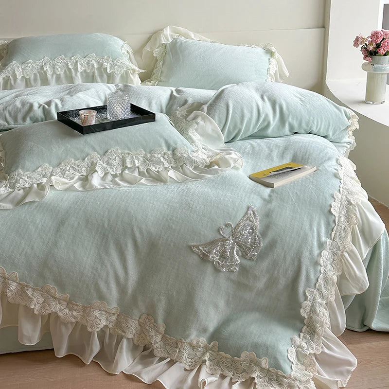 Decobites Velvet Fleece Bedding Set with Butterfly Embroidery and French Hollow Lace