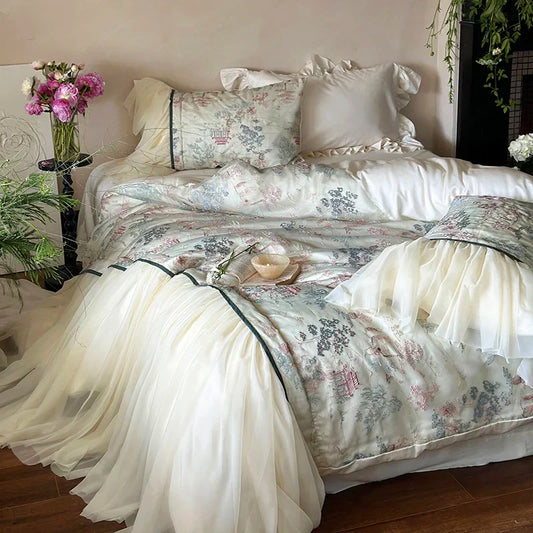 Decobites French Princess Lace Ruffles Bedding Set with Soft Silky Touch