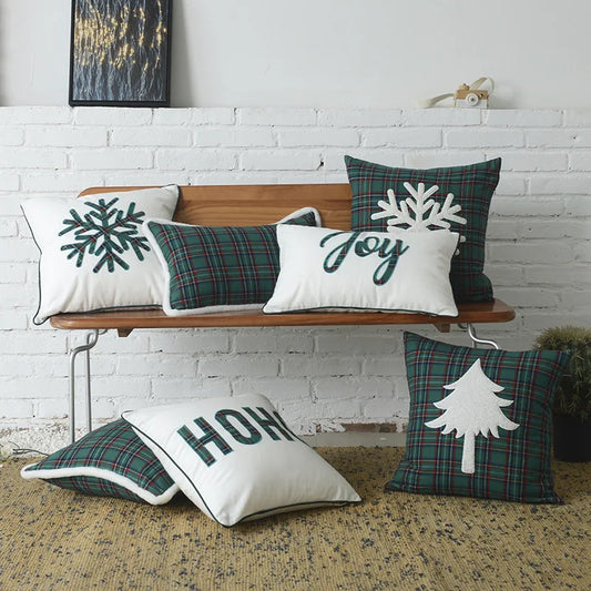 DecorBites™ Christmas Letter Embroidery Plaid Cushion Cover Set