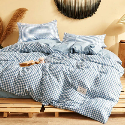 DecorBites™ Japanese Grid Printed Cotton Bedding Set in Queen/King for Cozy Sleep