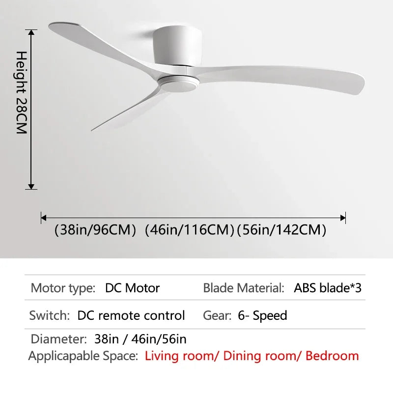 مروحة سقف ديكوربايتس™ سوداء حديثة منخفضة الارتفاع تعمل بالتيار المستمر مع جهاز تحكم عن بعد، تدفق هواء قوي