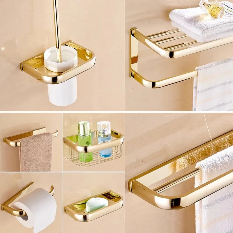 DecorBites™ Gold Brass Bathroom Hardware Set: Paper Holder, Towel Bar, Soap Basket, Towel Rack