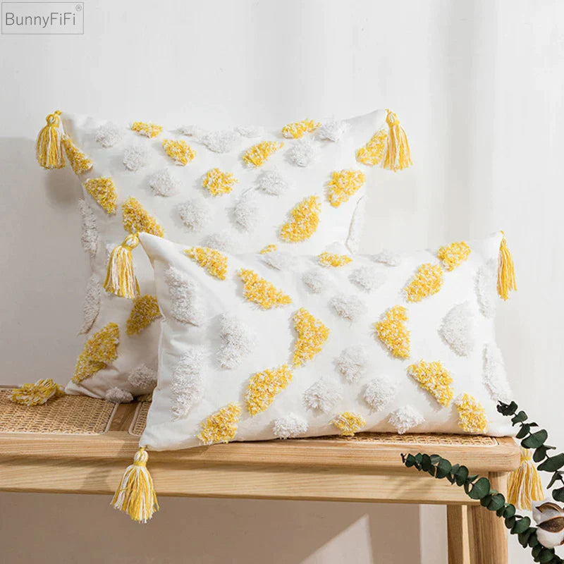 DecorBites™ Boho Style Tufted Tassels Yellow Cushion Cover for Home Decor
