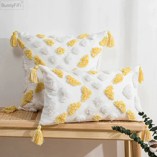 DecorBites™ Boho Style Tufted Tassels Yellow Cushion Cover for Home Decor