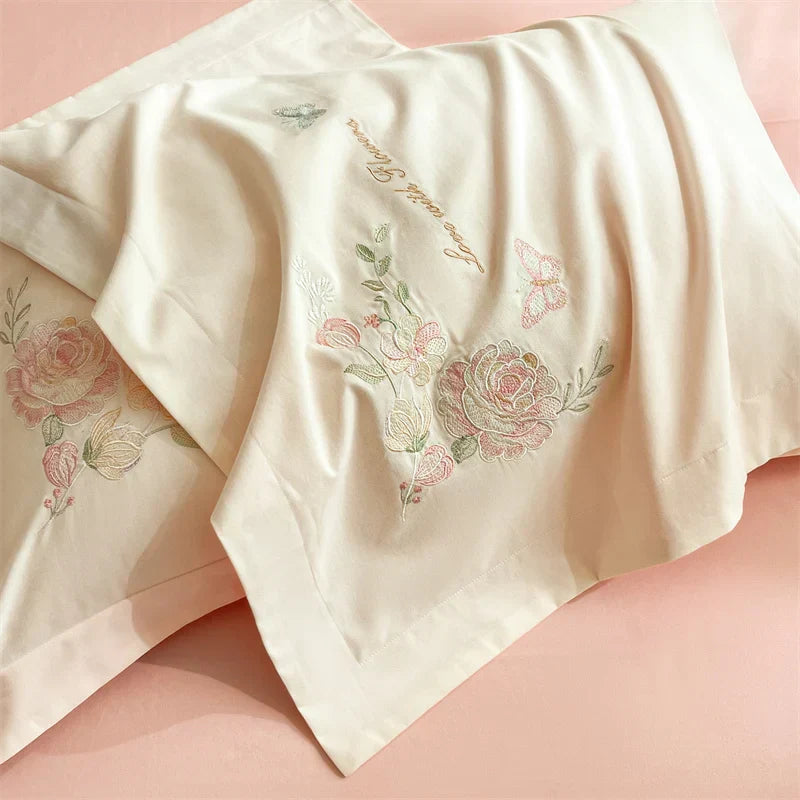 Decobites Floral Butterfly Embroidery Cotton 4Pcs Bedding Set, Beige/Pink Theme