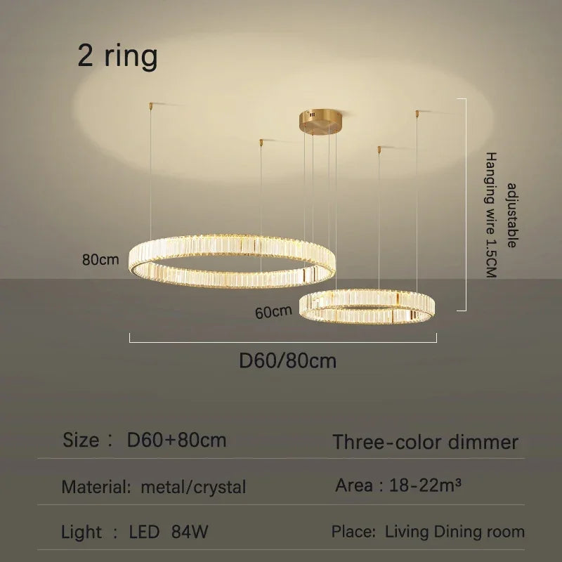 DecorBites™ Golden Crystal Chandelier: Nordic Modern Luxury LED Hanging Halo for Living Room