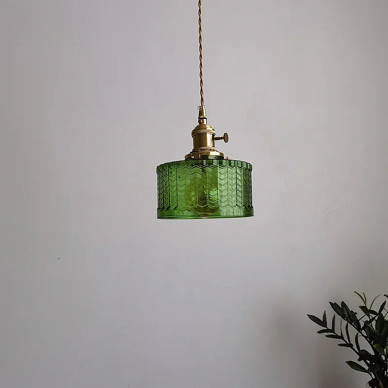 Green Glass LED Pendant Polished Copper Two-Head