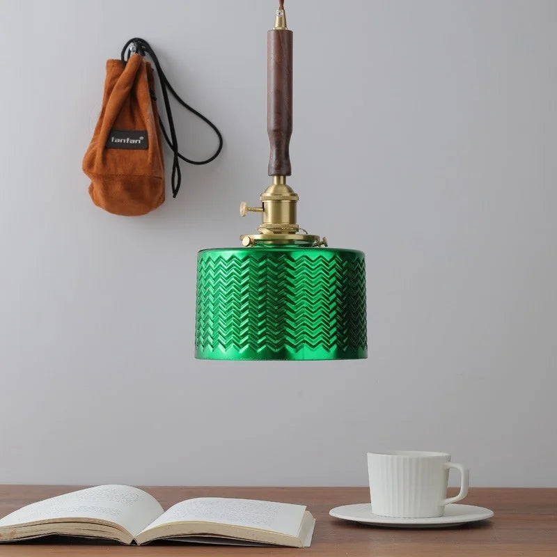 DecorBites™ Green Glass LED Pendent Lamps, Walnut Copper Modern Hanging Light Fixtures