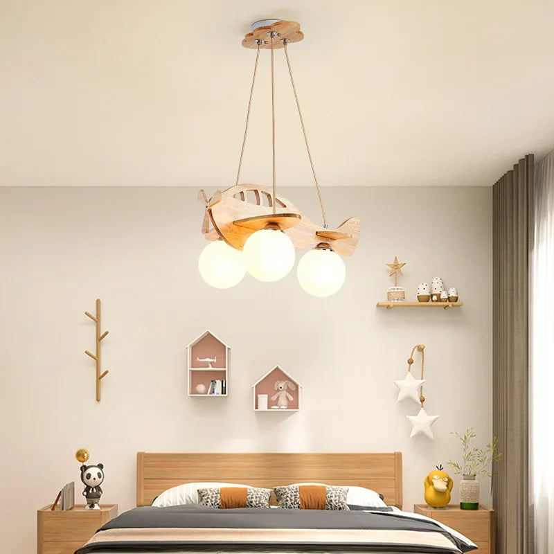 DecorBites™ Kids Wood Airplane Chandelier LED Suspension Light for Boy's Bedroom