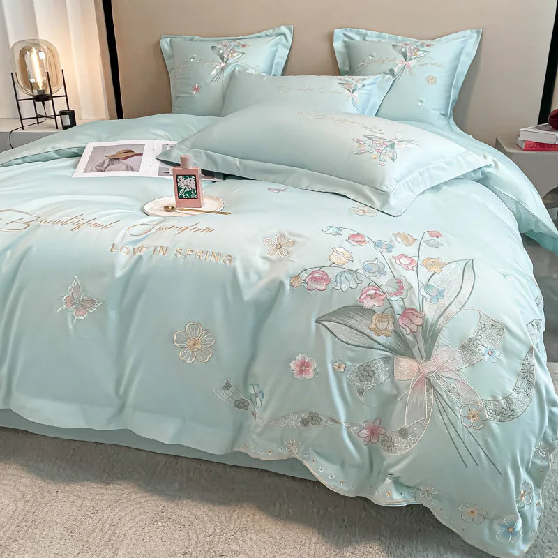 DecorBites™ Chic Flowers Embroidery Princess Bedding Set - 100% Egyptian Cotton - Duvet Cover, Sheet, Pillowcases