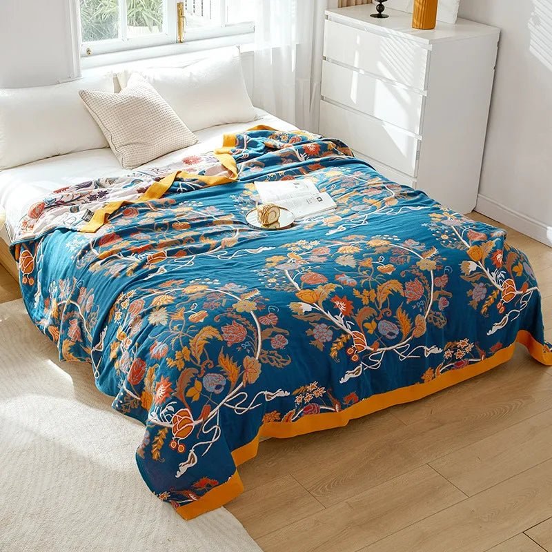 DecorBites™ Japanese Cotton Gauze Flower Blanket: Soft and Breathable Summer Throw