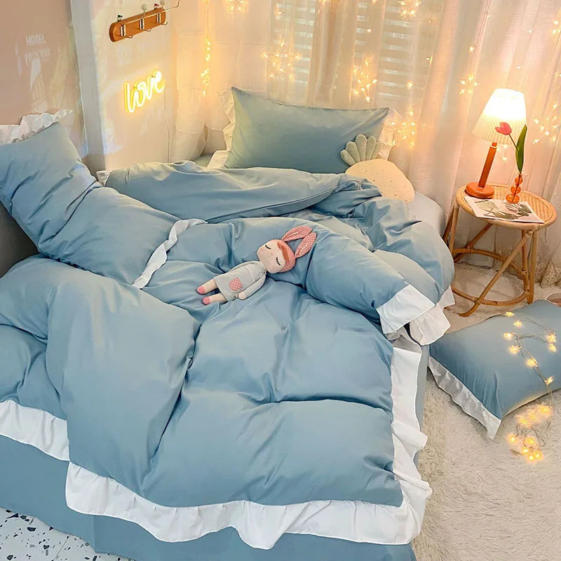 DecorBites™ Cotton Ruffle Edge Duvet Cover Set - Soft, Thick, Solid Color