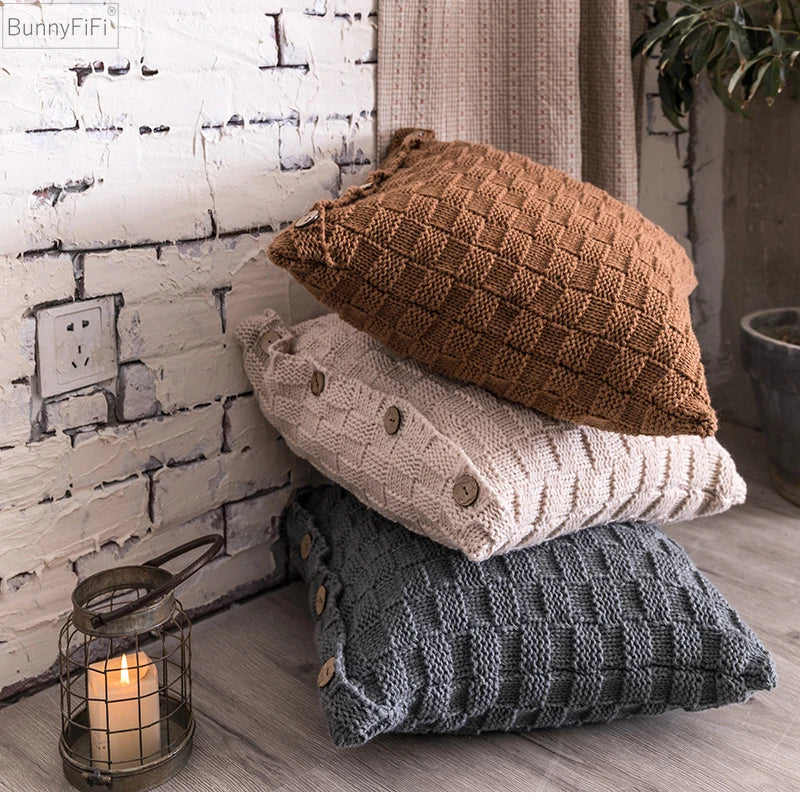 DecorBites™ Knit Pillow Cover Nordic Style Button Open Grey Ivory Coffee