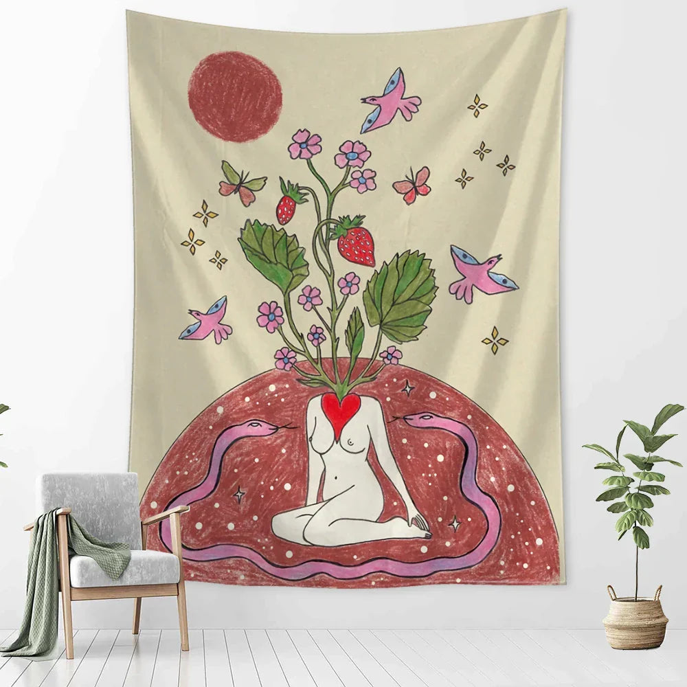 Decobites Botanical Girl Tarot Astrology Tapestry Wall Hanging for Boho Wicca Aesthetic Decor