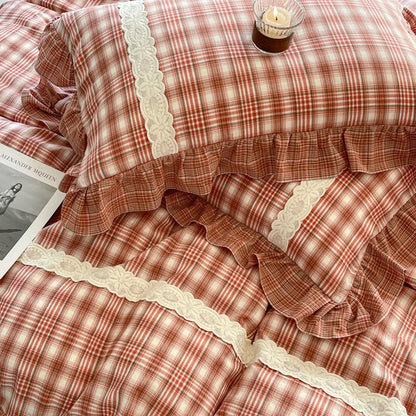 Decobites Plaid French Pastoral Cotton Bedding Set Full Queen King Size