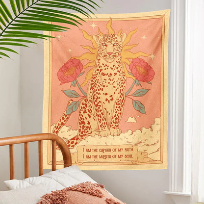 Bohemian Sun Tapestry Wall Hanging by Decobites - Tiger Floral Tarot Moon Aesthetic