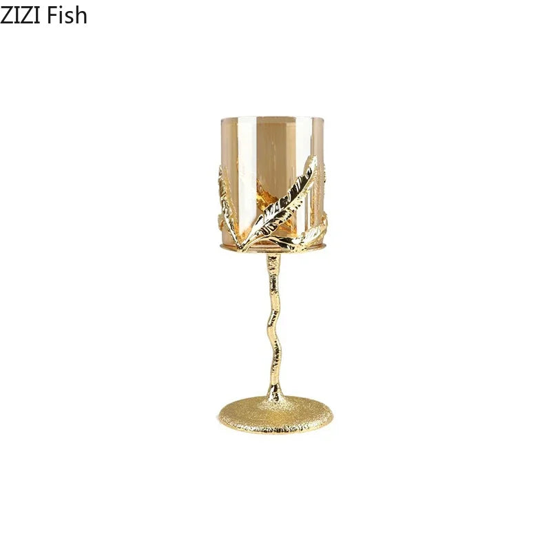 DecorBites™ Golden Branches Candle Holders Metal Glass Candlestick Aroma Container