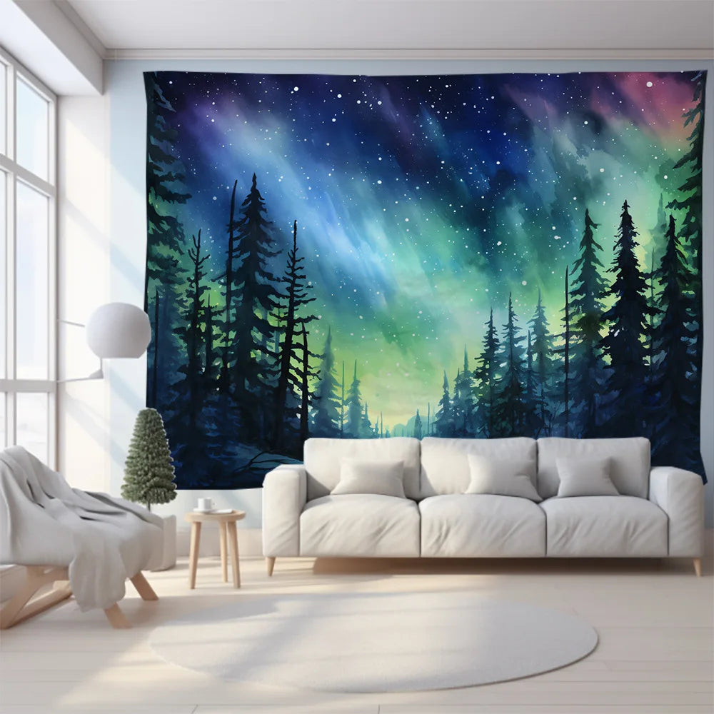 Decobites Green Mountain Tapestry Forest Aurora Series Customizable Hanging Cloth