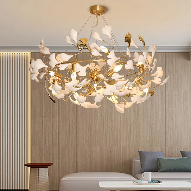Lámpara de Araña de Ramas Doradas Decorbites™ con Hojas de Porcelana Luces Colgantes