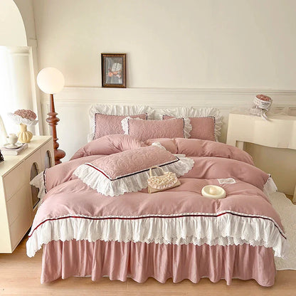 Decobites Lace Ruffles Bedding Set: 4pcs Solid Color Princess Quilt Cover, Bed Skirt, 100% Cotton Pillowcase