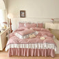 Decobites Lace Ruffles Bedding Set: 4pcs Solid Color Princess Quilt Cover, Bed Skirt, 100% Cotton Pillowcase